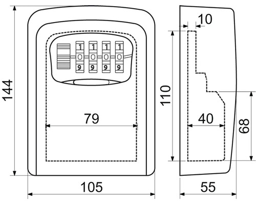 Technický nákres trezoru na kľúče s rozmermi
