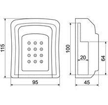 Technický nákres kľúčovej skrinky s rozmermi 115 x 95 x 45 mm