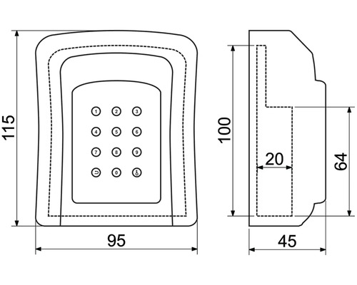 Technický nákres kľúčovej skrinky s rozmermi 115 x 95 x 45 mm