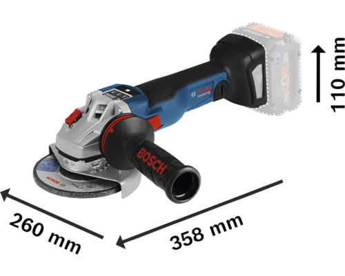 Akumulátorová uhlová brúska Bosch s rozmermi 260 mm, 358 mm a 110 mm.
