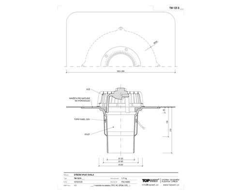 Technický nákres strešného vpustu z polyamidu s rozmermi
