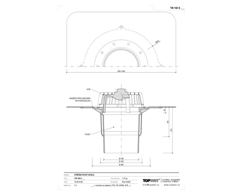 Technický nákres strešného vpustu TW 160 S z polyamidu