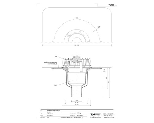 Technický nákres strešného vpustu z polyamidu s rozmermi