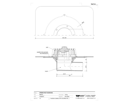 Technický nákres strešného odtoku z polyamidu s rozmermi