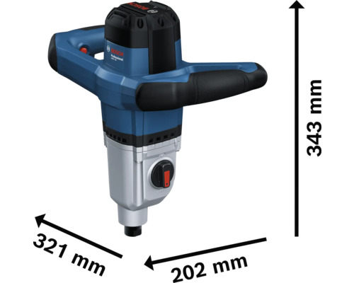 Miešačka metly Bosch Professional s rozmermi 343 mm výška, 321 mm šírka a 202 mm hĺbka.