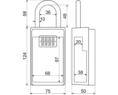 Technický nákres trezoru na kľúče s rozmermi.