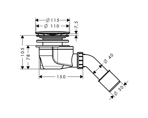 Technický výkres odtokovej armatúry s rozmermi