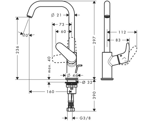 Technický nákres vodovodnej batérie s rozmermi
