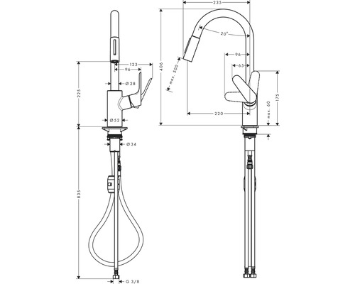 Technický nákres kuchynskej batérie s rozmermi