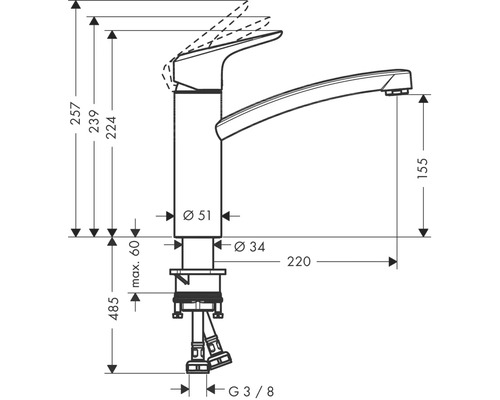 Technický nákres vodovodnej batérie s rozmermi