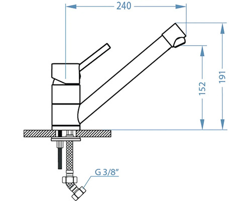 Technický nákres kuchynskej batérie s rozmermi.