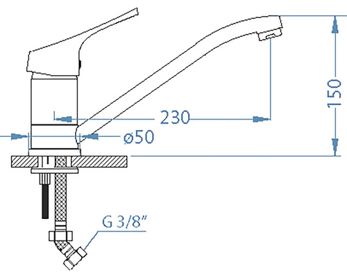 Technický nákres kuchynskej batérie s rozmermi