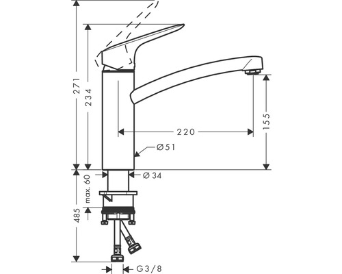 Technický nákres kuchynskej batérie s rozmermi