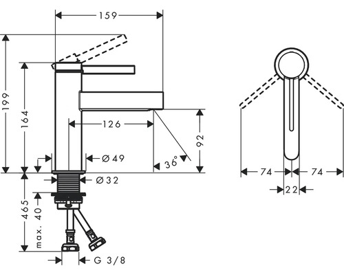 Technický nákres vodovodnej batérie s rozmermi