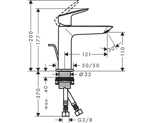 Technický nákres vodovodnej batérie s rozmermi