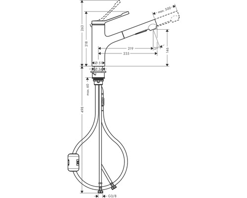Nákres kuchynskej batérie s rozmermi