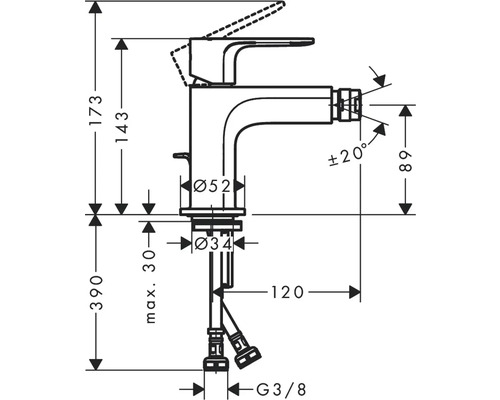 Technický výkres umývadlovej batérie s rozmermi