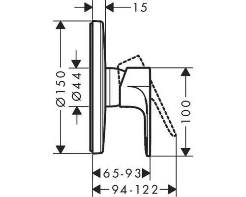 Technický nákres vodovodnej batérie s rozmermi