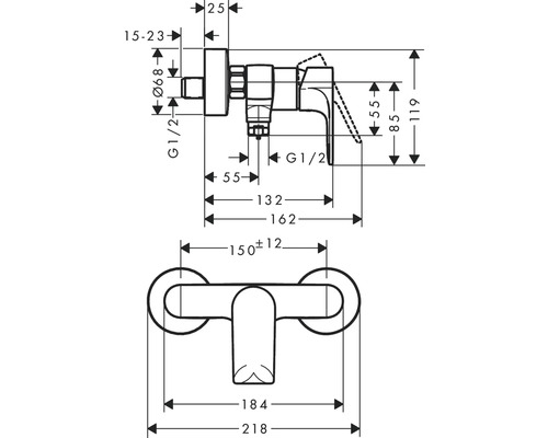 Technický nákres vodovodnej batérie s rozmermi