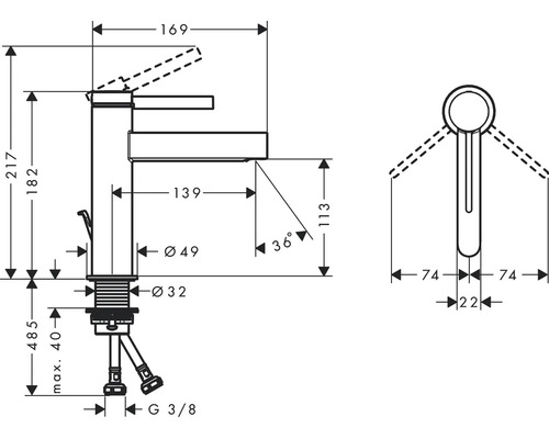Technický nákres umývadlovej batérie s rozmermi