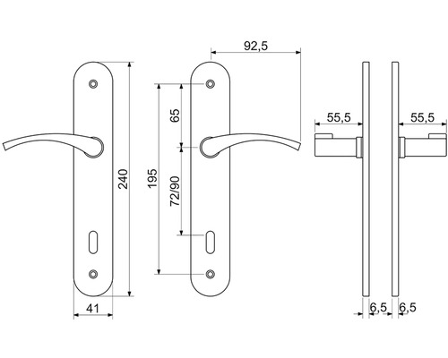 Technický nákres súpravy kľučky ku dverám s rozmermi