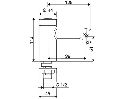 Technický nákres vodovodnej batérie s rozmermi