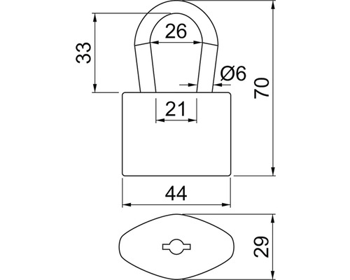Technický výkres visiaceho zámku s rozmermi