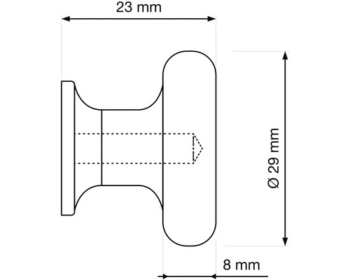 Technický nákres nábytkového gombíka s rozmermi 23 mm šírka, 29 mm výška a 8 mm hĺbka