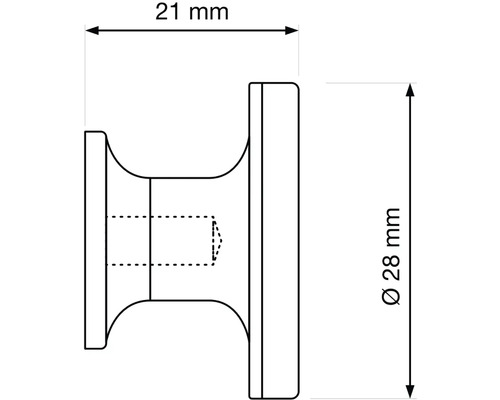 Technický výkres nábytkového gombíka s rozmermi 21 mm šírka a 28 mm priemer