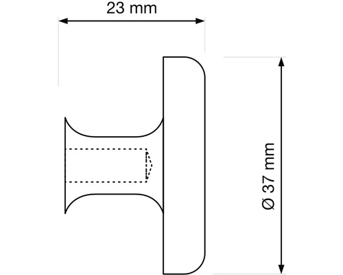 Technický nákres nábytkového gombíka s rozmermi: šírka 23 mm a priemer 37 mm