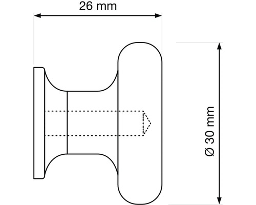 Technický nákres nábytkového gombíka s rozmermi 26 mm šírka a 30 mm priemer