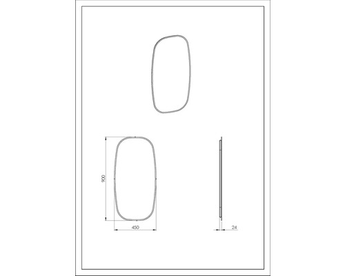 Technický nákres zrkadla s rozmermi 900 x 450 x 24 mm.