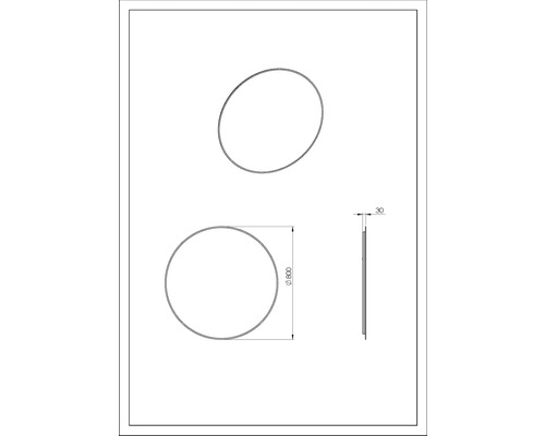 Technický výkres okrúhleho zrkadla s priemerom 800 milimetrov a hĺbkou 30 milimetrov.