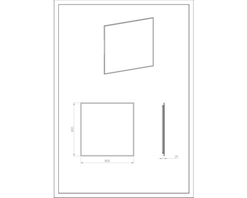 Technický výkres zrkadla, štvorcové, 800 x 800 mm