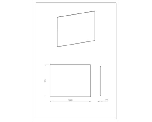 Technický výkres zrkadla s rozmermi 1000 x 800 x 29 mm