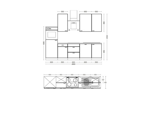 Plán kuchyne s rozmermi pre plánovanie kuchyne