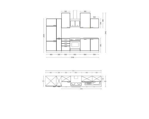 Rozmerový náčrt kuchynskej linky so skrinkami, sporákom, drezom a odsávačom pár.