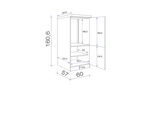 Technický výkres skrine s informáciami o výške, šírke a hĺbke