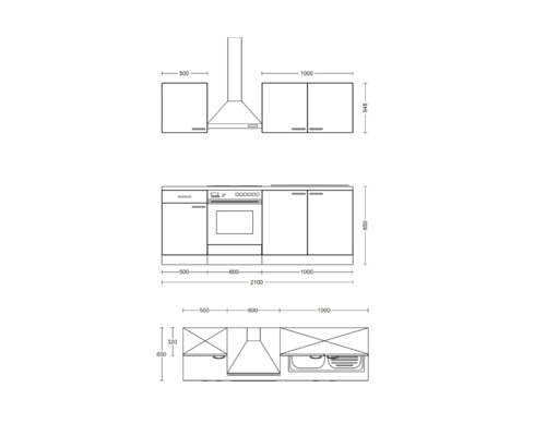 Nákres kuchynskej linky s rozmermi