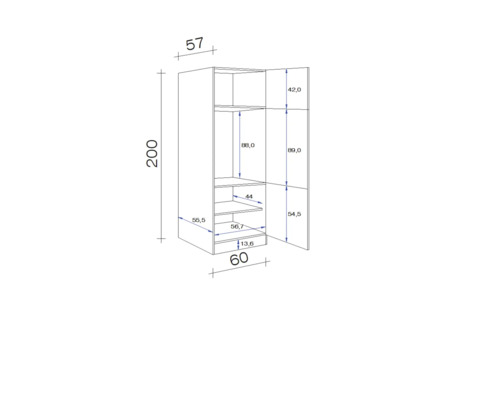 Technický nákres otvorenej vysokej skrine s rozmermi.