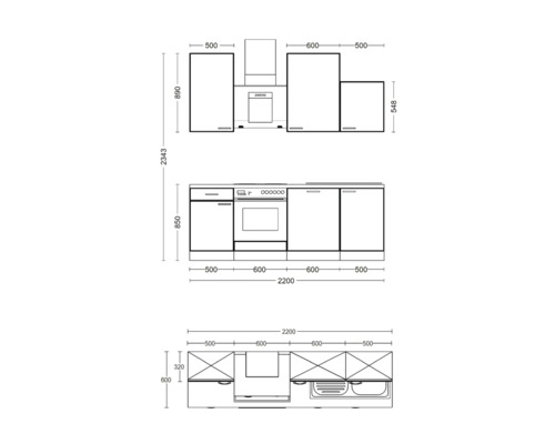 Nákres kuchyne s rozmermi.