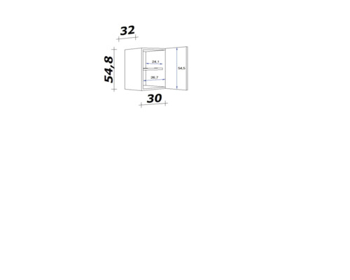 Technický nákres nástennej skrinky s rozmermi