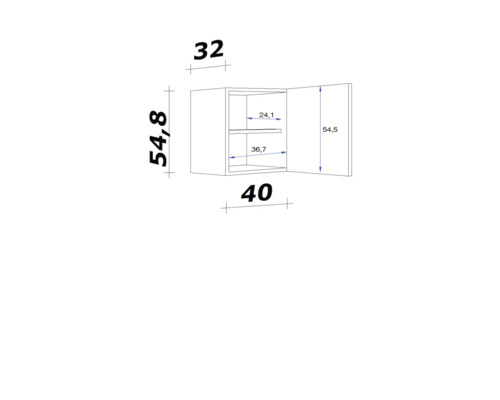 Technický nákres závesnej skrinky s rozmermi