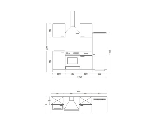 Nákres kuchynskej linky s rozmermi.