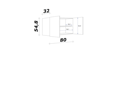 Technický nákres nástennej skrinky s rozmermi