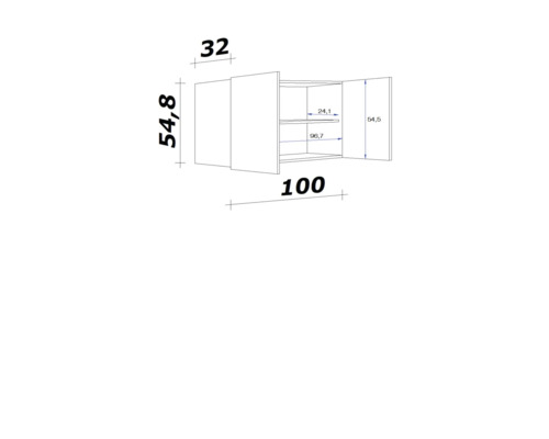 Technický výkres závesnej skrinky s rozmermi.