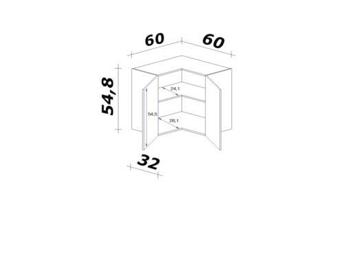 Technický výkres rohovej skrine s rozmermi