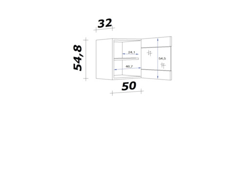 Technický nákres závesnej skrinky s rozmermi.