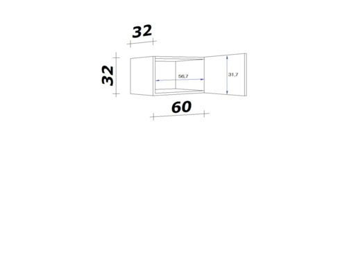 Technický nákres závesnej skrinky s rozmermi