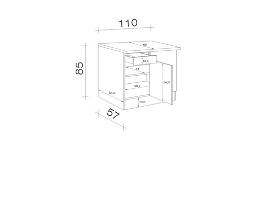 Technický nákres skrine so zásuvkou a dvierkami, rozmery v centimetroch